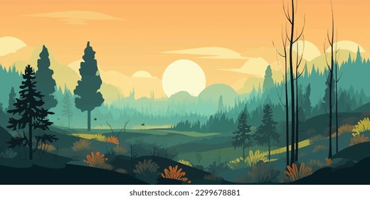 Encantadora pradera vectorial de madera y fondo forestal