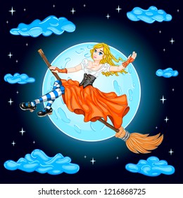 Enchantress blonde flying in the sky among the stars and clouds. Cute enchantress for fairy tales and Halloween. Fairy character on the background of the mystical moon. Vector illustration. EPS 8.