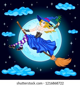 Enchantress flies through the night sky on broomstick. Pretty witch creates spell with a magic wand. Girl on the background of a blue moon and stars. Cloud in azure light. Vector Illustration. EPS 8.