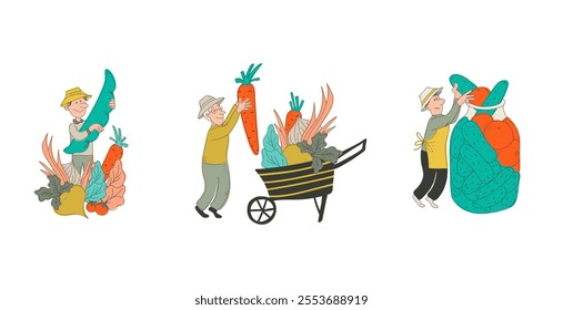 An encharming collection of 3 characters, farmers fiddling with plentiful harvest, including pickles, barrow scenes. Hand drawn colorful vectors in whimsical flat style, isolated on plain backdrop.