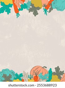 An encharming copy space poster, featuring plentiful huge sized harvest frame. Hand drawn colorful vector in whimsical flat style, isolated on biege textured backdrop.