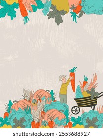 An encharming copy space poster, where farmer with barrow fiddling with plentiful huge sized harvest. Hand drawn colorful vector in whimsical flat style, isolated on biege textured backdrop.