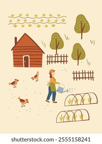 Encharming rural scene of local farmland, where farmer making agricultural business, watering vegetables and feeding chickens. A colorful hand drawn vector poster in flat style and pastel hues.