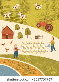 Encharming rural scene of local farmland, where farmers making agricultural business, watering vegetables and feeding chickens. A colorful hand drawn vector poster in flat style and pastel hues.