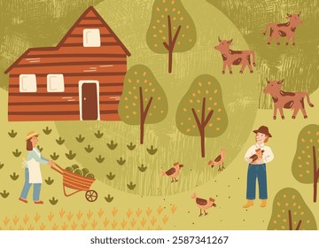 Encharming rural scene of local farmland, showcasing farmer with barrow, fiddling with vegetables and feeding chickens. A colorful simplified hand drawn vector poster in flat style and pastel hues.