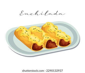 	
Enchilada with meat with sauce on a dish, latin american cuisine, mexican national cuisine. Food illustration, vector	
