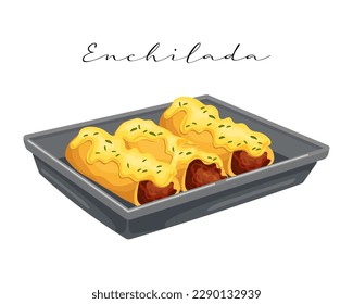 	
Enchilada with meat with sauce on a dish, latin american cuisine, mexican national cuisine. Food illustration, vector	
