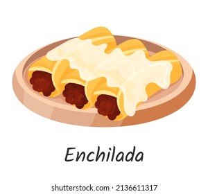 Enchilada - mexican traditional food. Thin corn tortilla with meat. Vector illustration Isolated on white background.