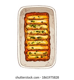 Enchilada in plate - mexican traditional food. Vector vintage hatching