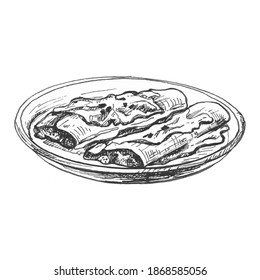 Enchilada in plate - mexican traditional food. Vector vintage hatching