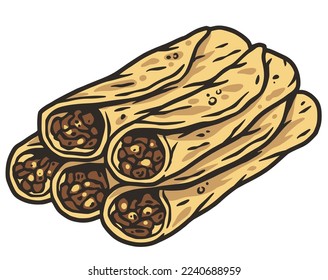 Enchilada vector with meat and rolled tortilla for design. Mexico enchilada latin food. Traditional mexican food for poster or banner.