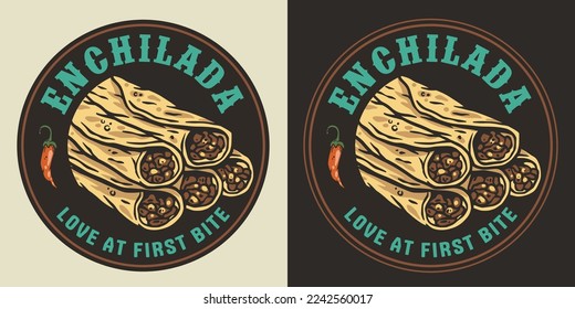 Enchilada Vektor mit Fleisch und gerollte Tortilla für Logo oder Emblem. Mexiko enchilada latin food. Traditionelle mexikanische Speisen für Plakate oder Banner.