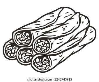 Enchilada vector with meat and rolled tortilla for design. Mexico enchilada latin food. Traditional mexican food for poster or banner.