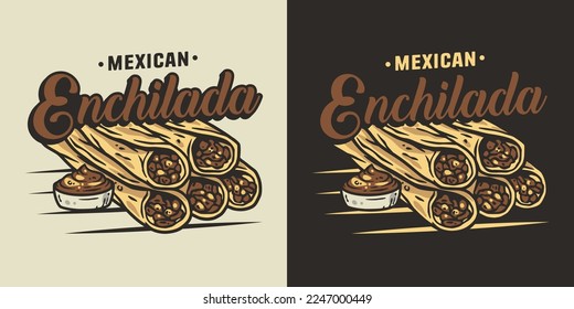 Enchilada vector with meat and rolled tortilla for logo or emblem. Mexico enchilada latin food. Traditional mexican food for poster or banner.