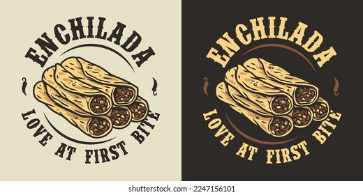 Enchilada vector with meat and rolled tortilla for logo or emblem. Mexico enchilada latin food. Traditional mexican food for poster or banner.