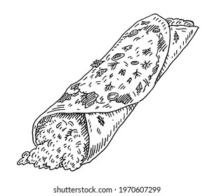 Enchilada. Vintage hatching vector monochrome black illustration. Isolated on white background. Hand drawn design