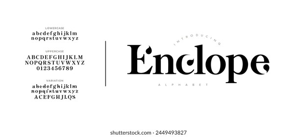 Enclope elegante Fuente Mayúsculas Minúsculas y Número. Diseños de moda minimalistas con letras clásicas. Tipografía moderna serif Fuentes concepto decorativo vintage regular. Ilustración vectorial
