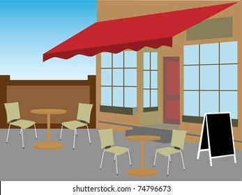 Enclosed cafe courtyard chairs table daytime editable vector illustration