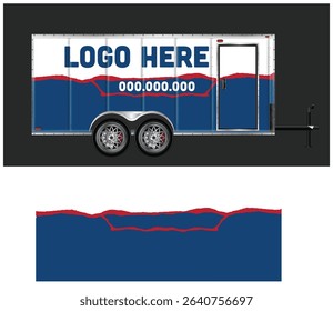 Enclosed Cargo Trailer Mockup with customizable blue, red and white design template.