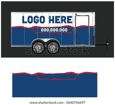 Enclosed Cargo Trailer Mockup with customizable blue, red and white design template.