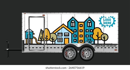 Enclosed Cargo Trailer Mockup with a playful city and park design, perfect for showcasing your brand or company logo.