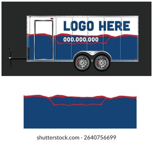 Enclosed trailer mockup with blue and white design, ready for your logo and contact information.