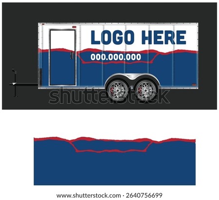 Enclosed trailer mockup with blue and white design, ready for your logo and contact information.