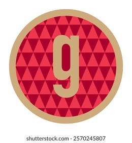 Enclosed within a golden frame, the lowercase “g” radiates confidence over a vibrant red triangular pattern, merging tradition with modernity in a timeless design.