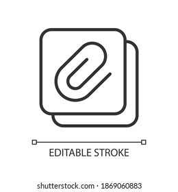 Enclosure pixel perfect linear icon. Attachment of different personal data files. Thin line customizable illustration. Contour symbol. Vector isolated outline drawing. Editable stroke