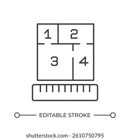 Enclosure square footage measuring line icon. Apartment plan with ruler. Architect project development. Blueprint. Isolated vector illustration. Outline symbol. Simple linear drawing. Editable stroke