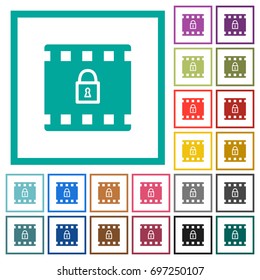Encode movie flat color icons with quadrant frames on white background