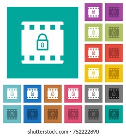 Encode movie multi colored flat icons on plain square backgrounds. Included white and darker icon variations for hover or active effects.