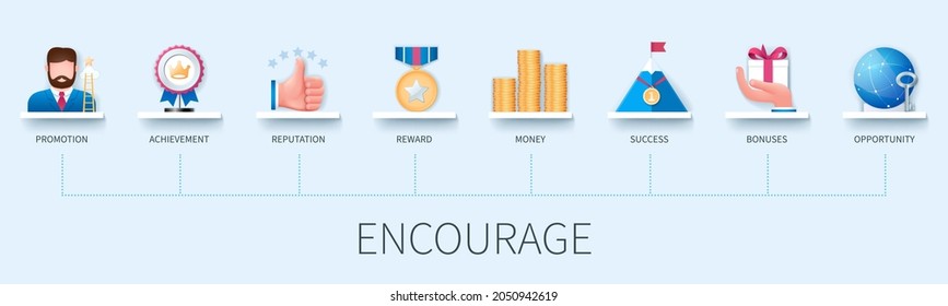 Encourage banner with icons. Promotion, achievement, reputation, reward, money, success, bonuses, opportunity icons. Business concept. Web vector infographic in 3D style