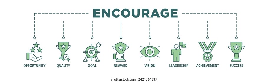 Encourage banner web icon set vector illustration concept with icon of opportunity, quality, goal, reward, vision, leadership, achievement, success