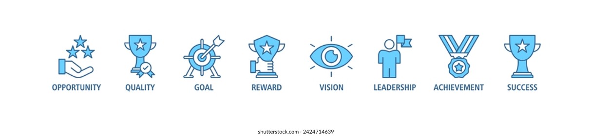 Encourage banner web icon set vector illustration concept with icon of opportunity, quality, goal, reward, vision, leadership, achievement, success