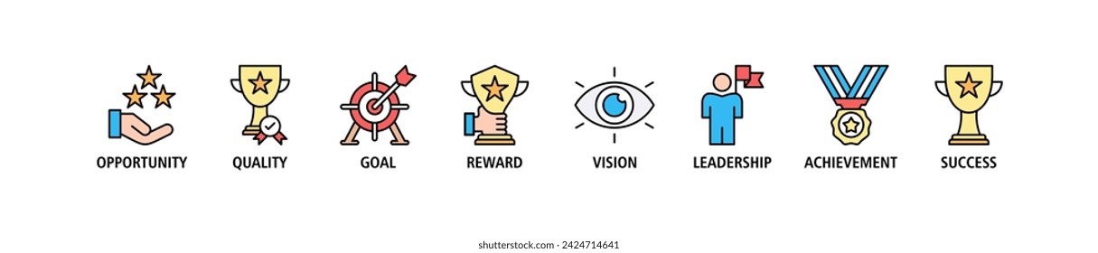 Encourage banner web icon set vector illustration concept with icon of opportunity, quality, goal, reward, vision, leadership, achievement, success