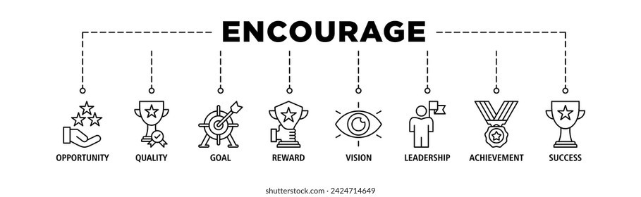 Encourage banner web icon set vector illustration concept with icon of opportunity, quality, goal, reward, vision, leadership, achievement, success
