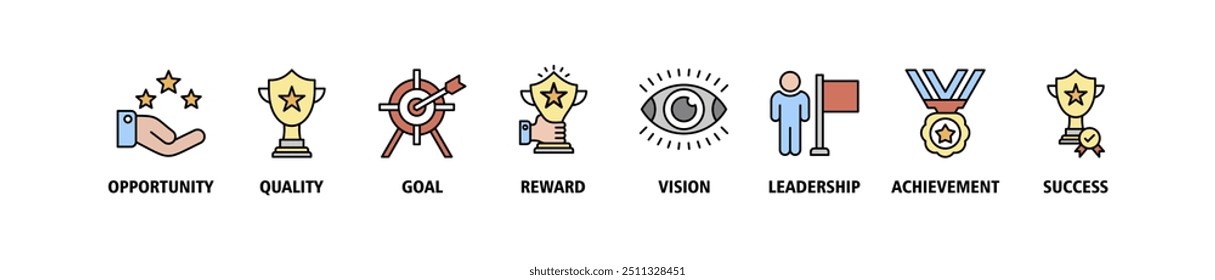 Encourage banner web icon set vector illustration concept with icon of opportunity, quality, goal, reward, vision, leadership, achievement, success icons perfect symbol background and easy to edit