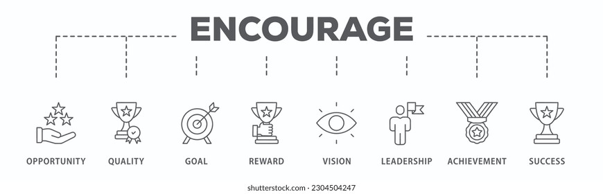 Fomentar el concepto de ilustración vectorial de icono web de banner con icono de oportunidad, calidad, objetivo, recompensa, visión, liderazgo, logro, éxito
