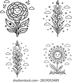Encourage creativity and artistic confidence in early learners with this charming collection of happy dandelion and wild flower coloring page vectors. Rendered in a bold, clean black-and-white outline design, this premium bundle features four whimsical cartoon illustrations of smiling blossoms, tall field stems, and detailed petals surrounded by starry skies, floating hearts, and fluffy clouds. Ideally optimized for preschool educational packets, kindergarten activity sheets, personalized children's coloring books, and instant download home crafting projects, these clear line drawings offer a cheerful, welcoming canvas for toddlers and young artists to enjoy.

#ColoringPages #KidsActivities #CuteDandelions #WildFlowers #LineArt #PrintableWorksheets #ChildrensBook #HappyFlowers #VectorDrawing #PreschoolCrafts #ColoringSheets
