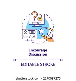 Encourage discussion concept icon. Student opinion. E Learning video tip abstract idea thin line illustration. Isolated outline drawing. Editable stroke. Arial, Myriad Pro-Bold fonts used