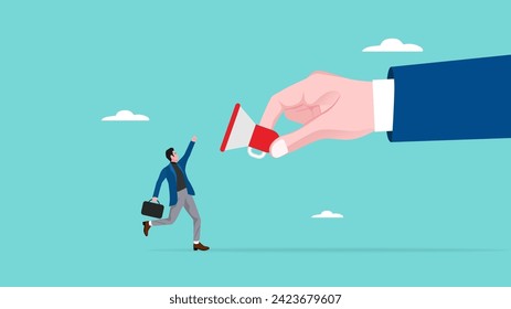 encourage employee contributions or opinions, ask for suggestions from employees for business progress, staff encouragement concept, businessman offers megaphone for employees to express opinions