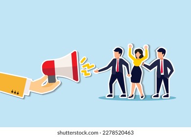 Encourage employee voice, advocacy or support opinion, contribution or help, listen to ideas or communication, staff encouragement concept, businessman hand offer megaphone for employee to speak out