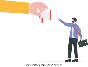 Encourage employee voice, advocacy or support opinion, contribution or help, listen to ideas or communication, staff encouragement concept, businessman hand offer megaphone for employee to speak out.
