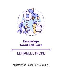 Encourage good self care concept icon. Healthy habits. Peaceful child parenting tip abstract idea thin line illustration. Isolated outline drawing. Editable stroke. Arial, Myriad Pro-Bold fonts used