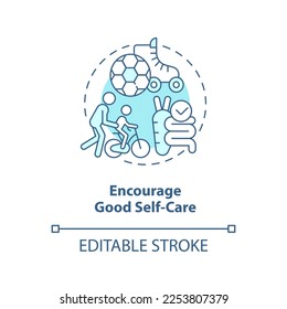 Encourage good self care turquoise concept icon. Peaceful child parenting tip abstract idea thin line illustration. Isolated outline drawing. Editable stroke. Arial, Myriad Pro-Bold fonts used