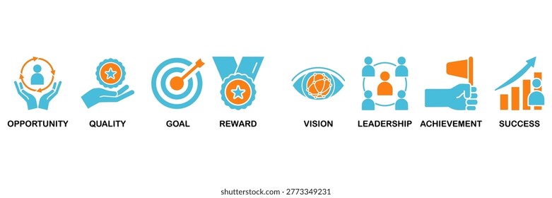 Encourage icon set Aqua Orange Flat concept for opportunity, quality, goal, reward, vision, leadership, achievement, success
