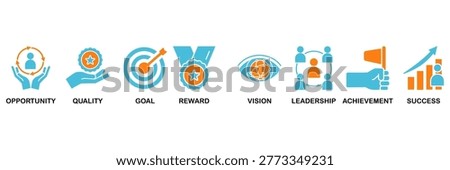 Encourage icon set Aqua Orange Flat concept for opportunity, quality, goal, reward, vision, leadership, achievement, success