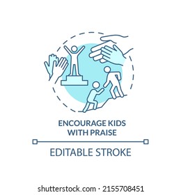 Encourage kids with praise turquoise concept icon. Positive communication abstract idea thin line illustration. Isolated outline drawing. Editable stroke. Arial, Myriad Pro-Bold fonts used