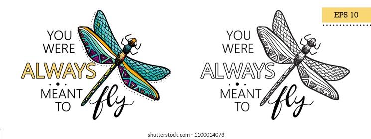 Encourage lettering quote. "You were always ment to fly", with hand drawn dragonfly. Colored and black version. Vector illustration, EPS 10